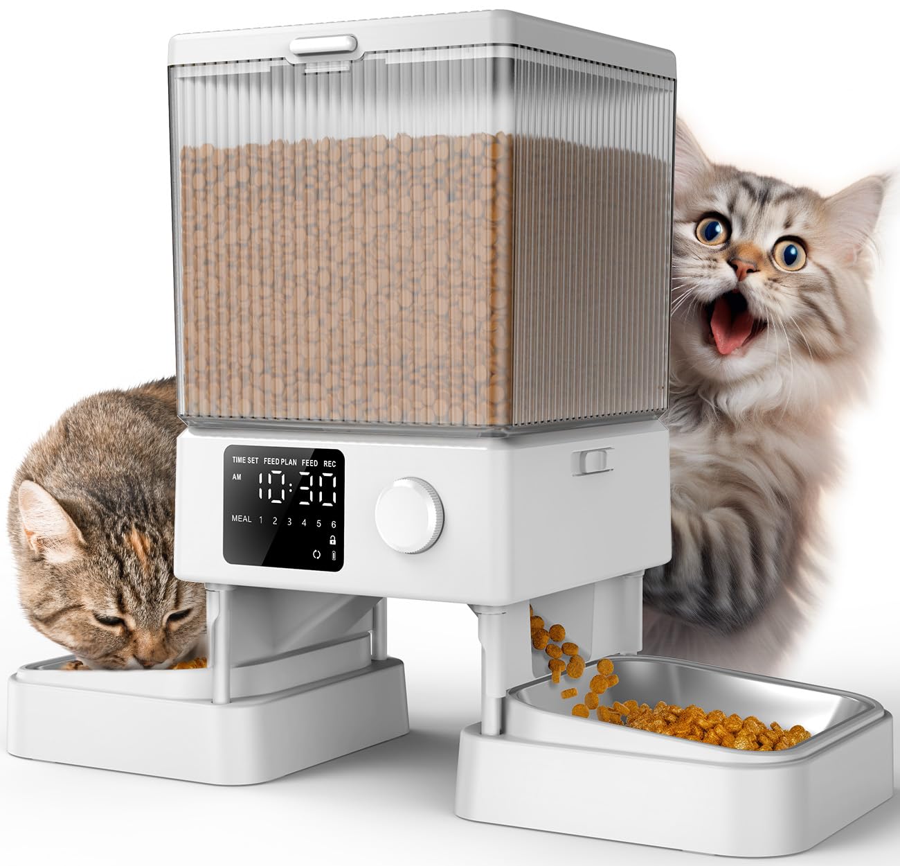 Product image of oneisall Dual Bowl Automatic Cat Feeder for 2 Cats Pets 5L White, Anti-Clog Balanced Splitter