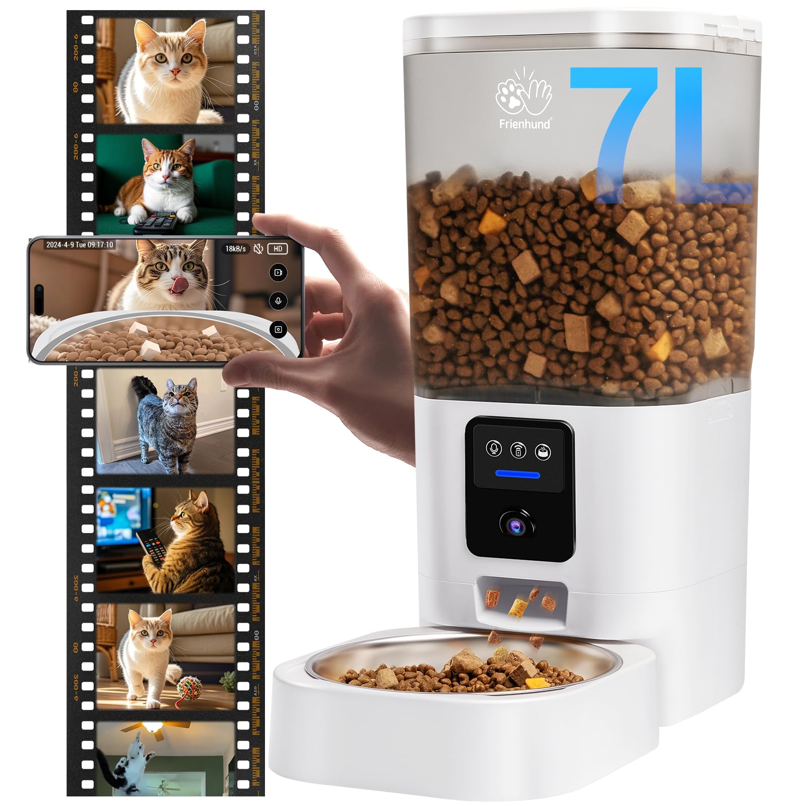 Frienhund Automatic Cat Feeder with 2K Camera, 5G WiFi Night Vision 7L Large Storage Container